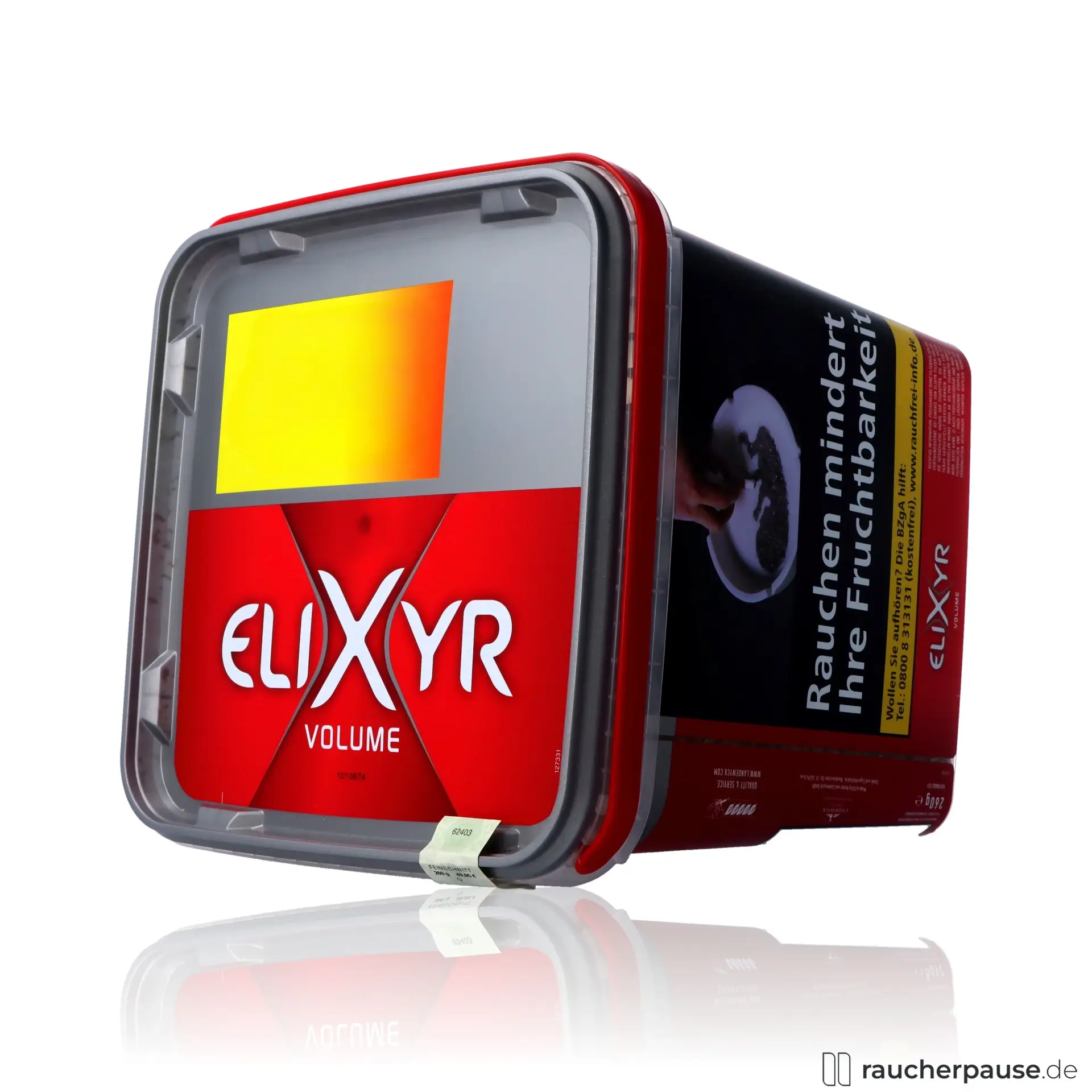 Elixyr Rot Volumentabak 245g Eimer American Blend in quadratischer Dose mit gelbem und orangefarbenem Quadrat und modernem weißen Logo auf rotem Hintergrund.