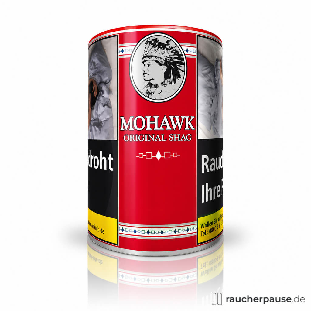 Das Mohawk Original Shag in einer roten, hoch und schmalen Dose mit silbernem Rand und Indianer-Logo auf der Verpackung, 125g.