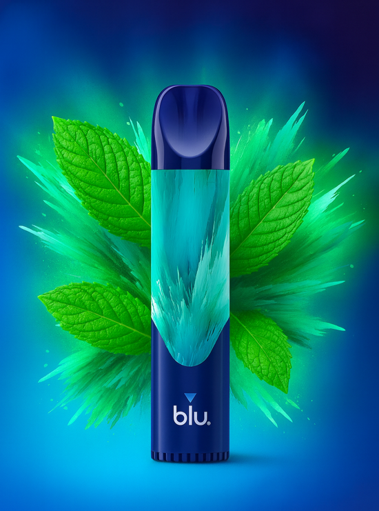 blue Vape Sorte mint mit explodierenden Minzblättern