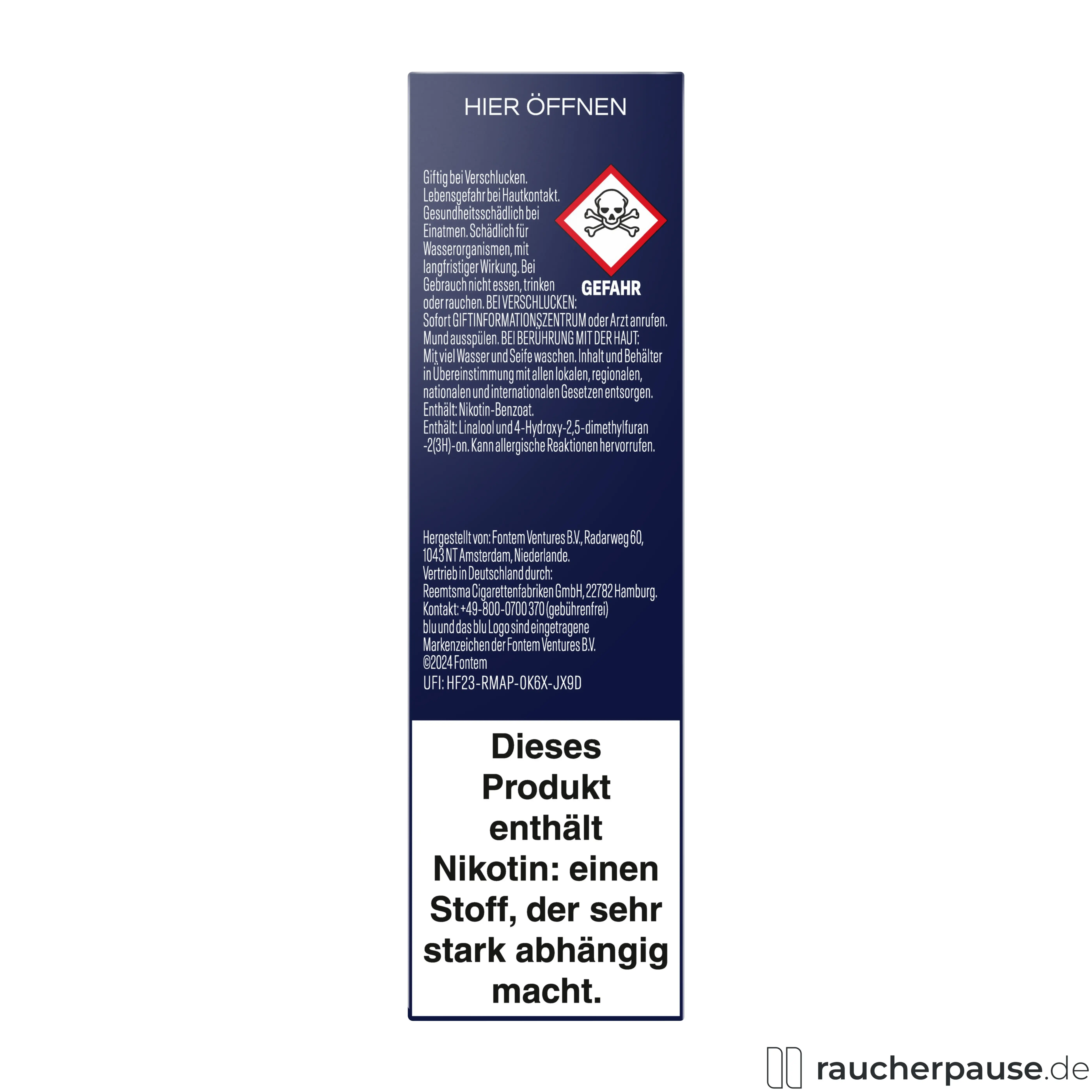 Blu Pod Peach Ice 18mg/ml Nikotin in blauer Dose mit weißem 'blu'-Logo auf dunkelblauem Hintergrund, kompatibel mit Blu Bar Kit E-Zigarette.