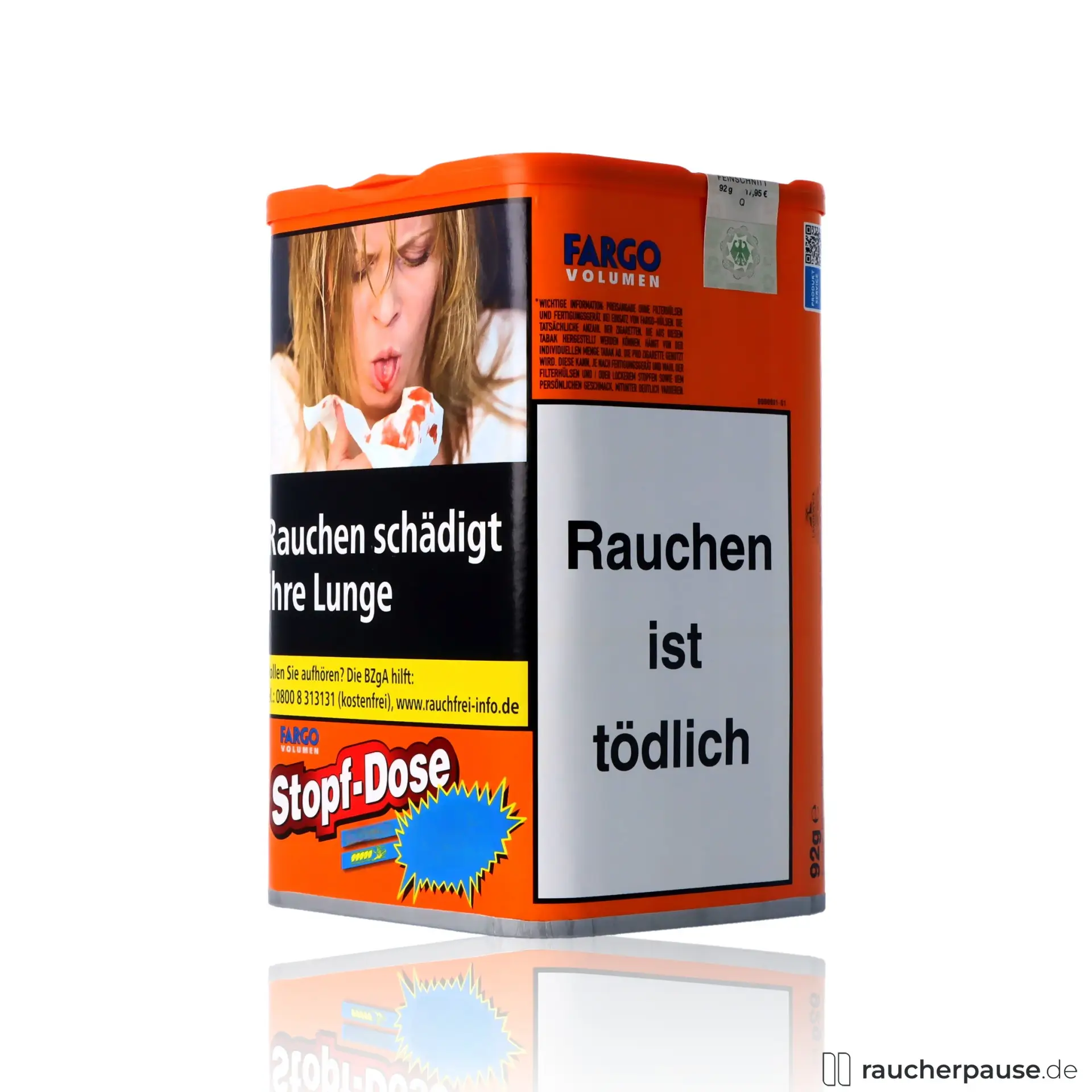 Fargo Orange Volumentabak, 98g Stopf-Dose in quadratischer Form mit orangefarbenem Design und blau-schwarzem Logo.
