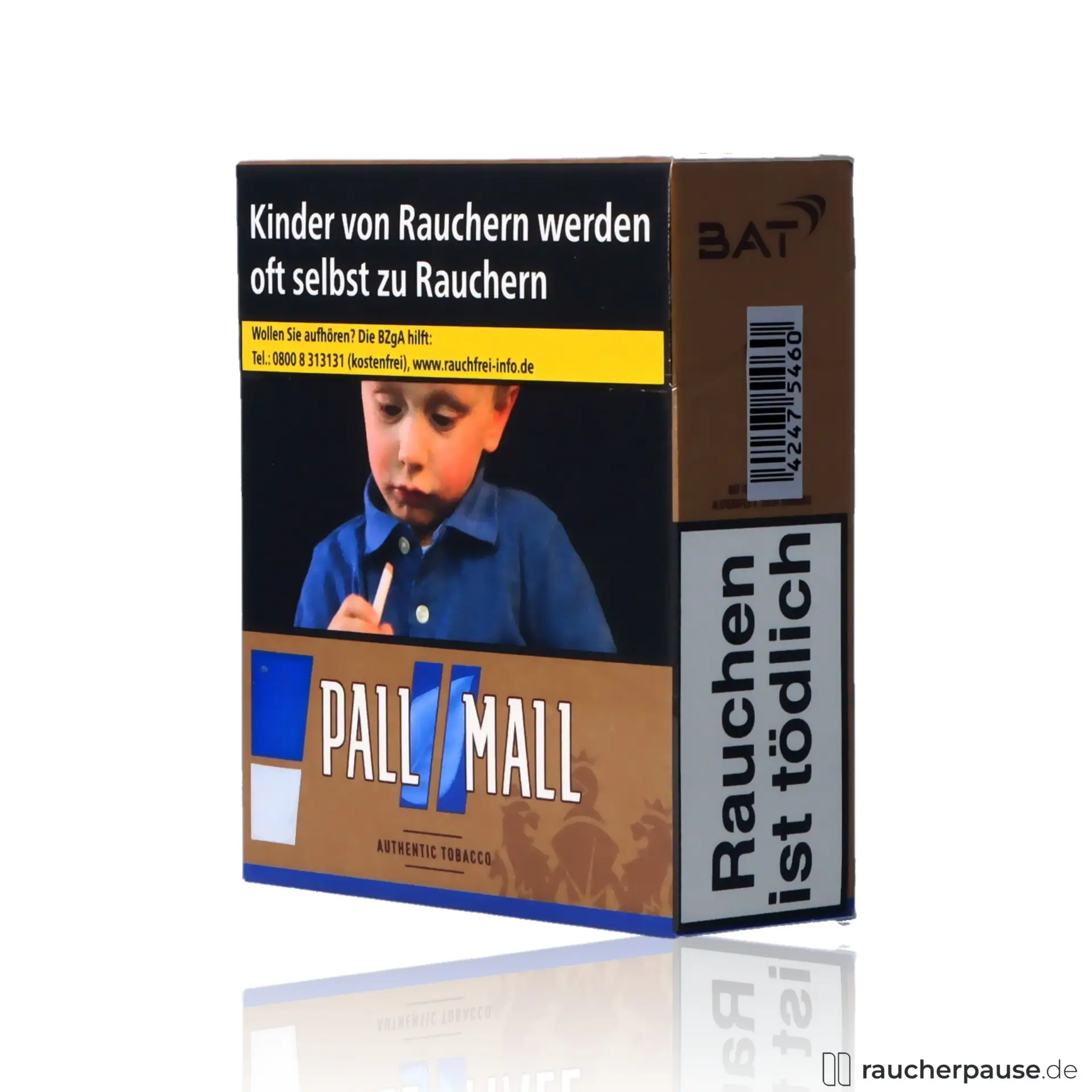 Pall Mall Authentic Blue Xtra, 35 Stk. pro Packung, quadratische Dose mit braun-blauer Verpackung und stilisiertem Logo.