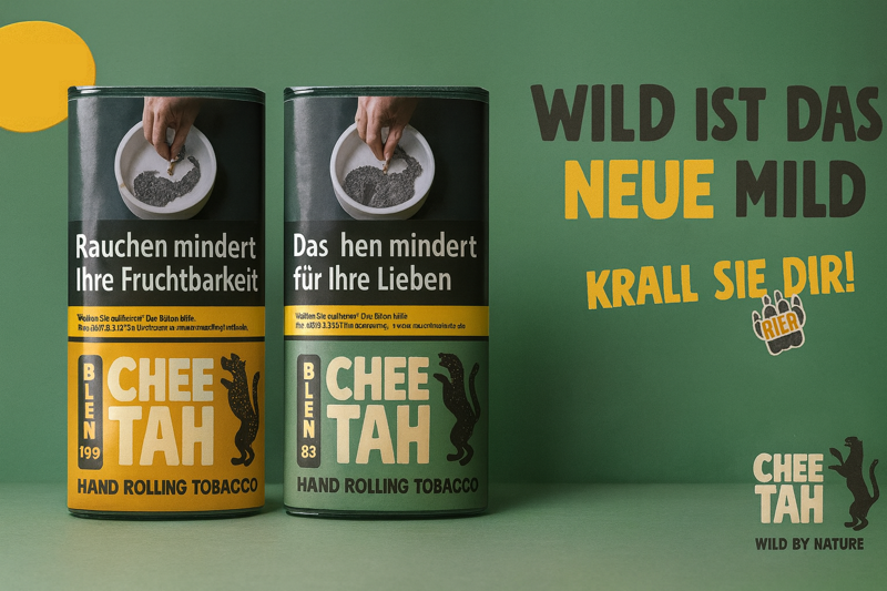 Cheetah Tabak gelb und grün mit slogan: Wild ist das Neue mild. Krall sie dir!