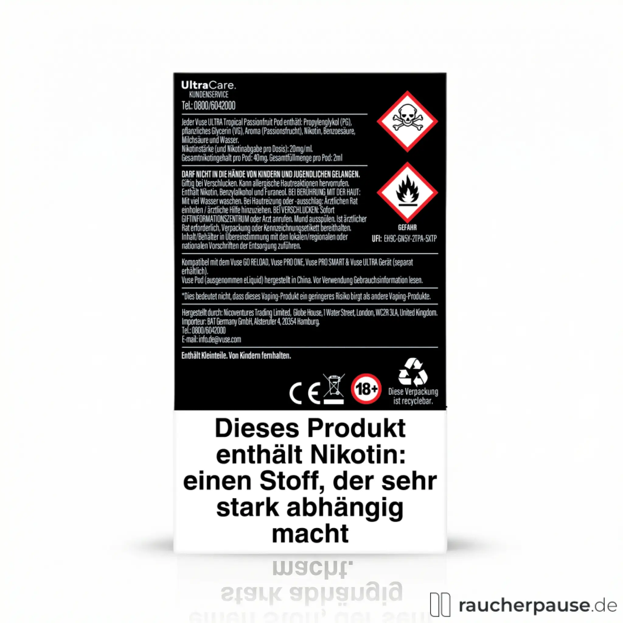 Vuse Pods Bright Tobacco, 20 mg/ml Nikotin, 2 Pods in schwarzer, quadratischer Dose mit minimalistischem Design und hellem Logo auf dunklem Hintergrund.