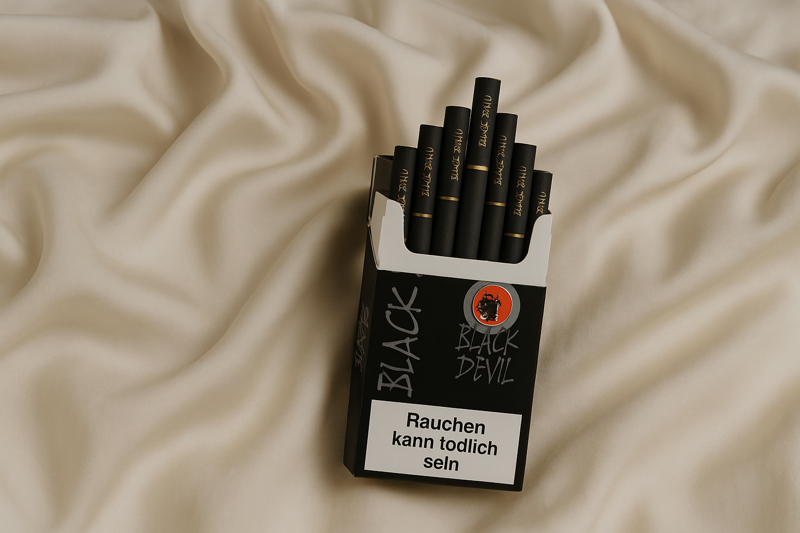 Black Devil Zigaretten schwarze Packung auf weißem Seidentuch