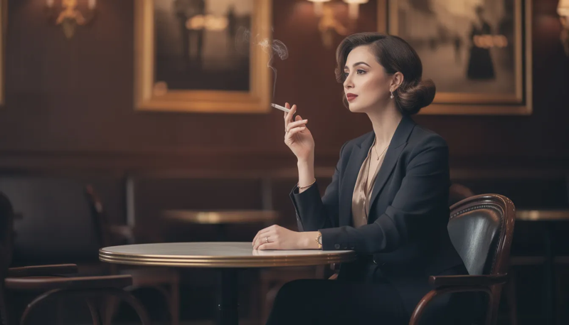 Asiatische Frau schick gekleidet sitzt an einem Tisch und raucht Mademoiselle Zigaretten