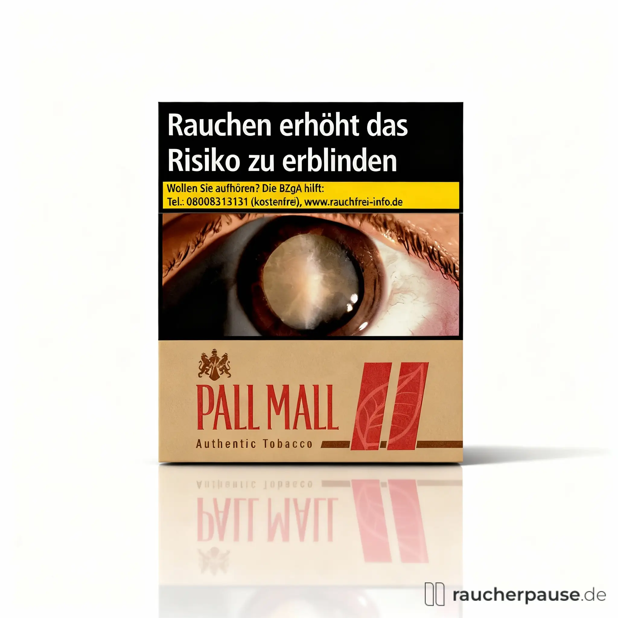Pall Mall Authentic Red King-Size Zigaretten in quadratischer beige Box mit roten und braunen Elementen und klassischem Wappen-Logo.