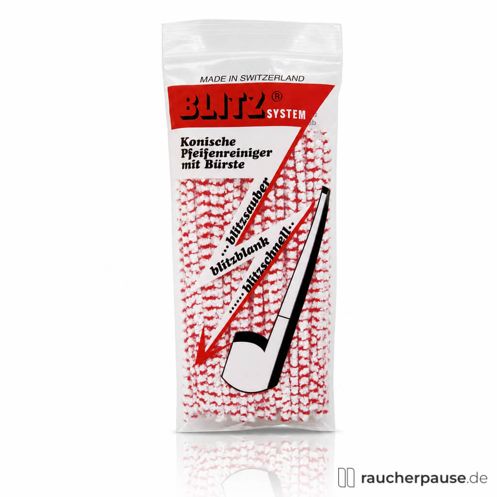 Blitz Pfeifenreiniger Rot-Weiß, 80 Stück, in transparenter Plastiktüte mit rotem und schwarzem Logo auf weißem Hintergrund.