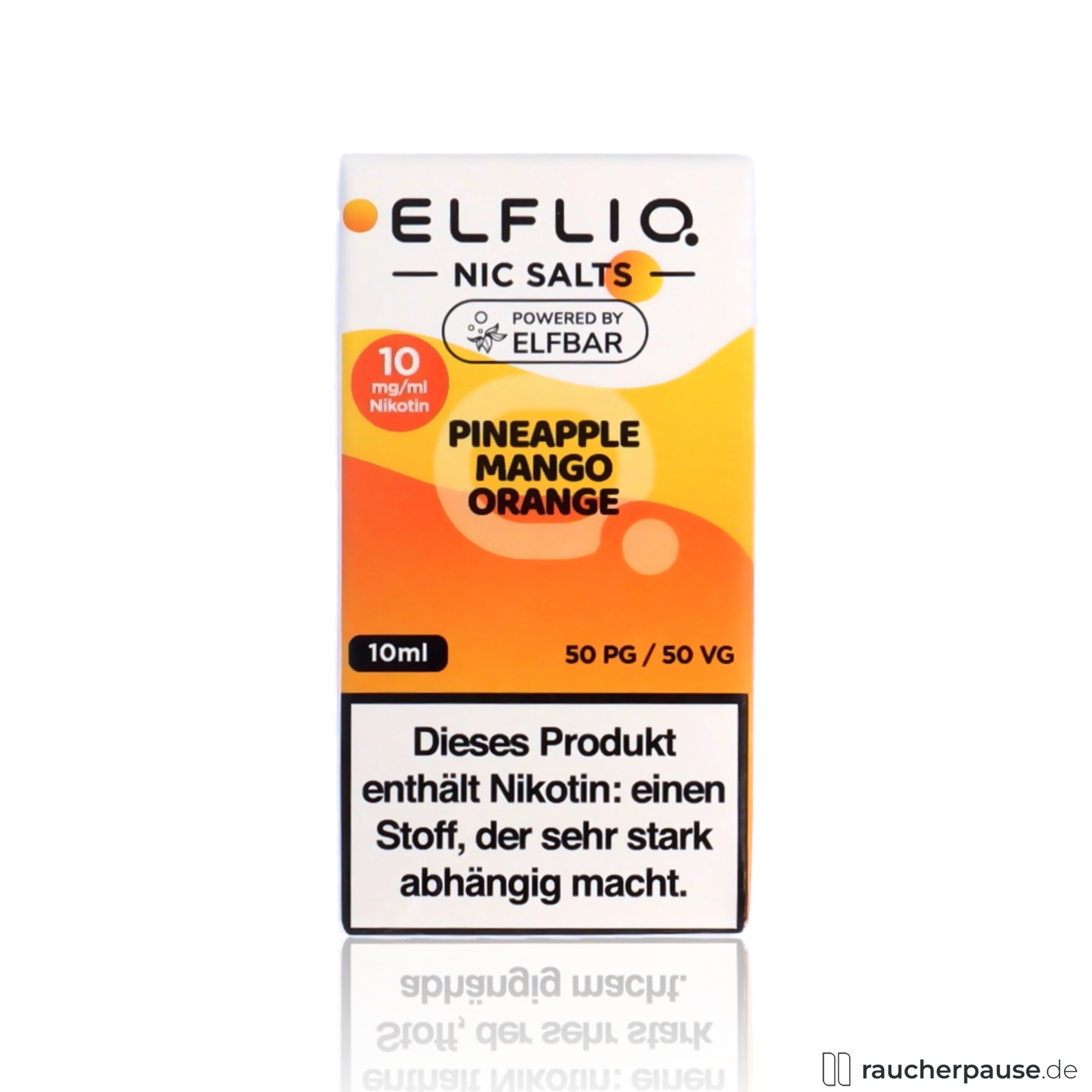ELFBAR ELFLIQ Pineapple Mango Orange, 10mg Nikotinsalz, 10ml Liquid in farbenfroher orangegelber Box mit stilisiertem ELF BAR Logo und punktiertem Schriftzug.
