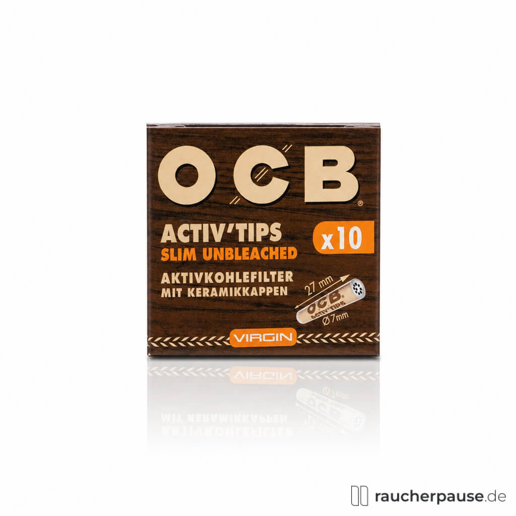 OCB Activ Tips Slim Unbleached 7 mm in quadratischer, dunkelholzdesigner Box mit weißem OCB-Logo und 10 Aktivkohlefiltern mit Keramikkappen.