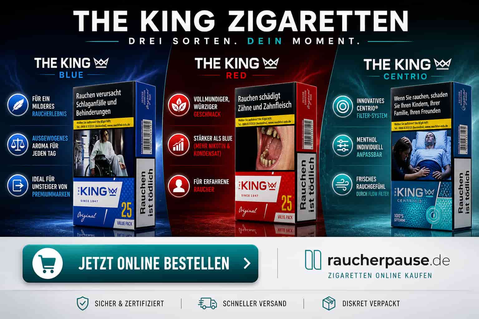 The King Zigaretten kaufen – Red, Blue und Centrio Varianten im Überblick