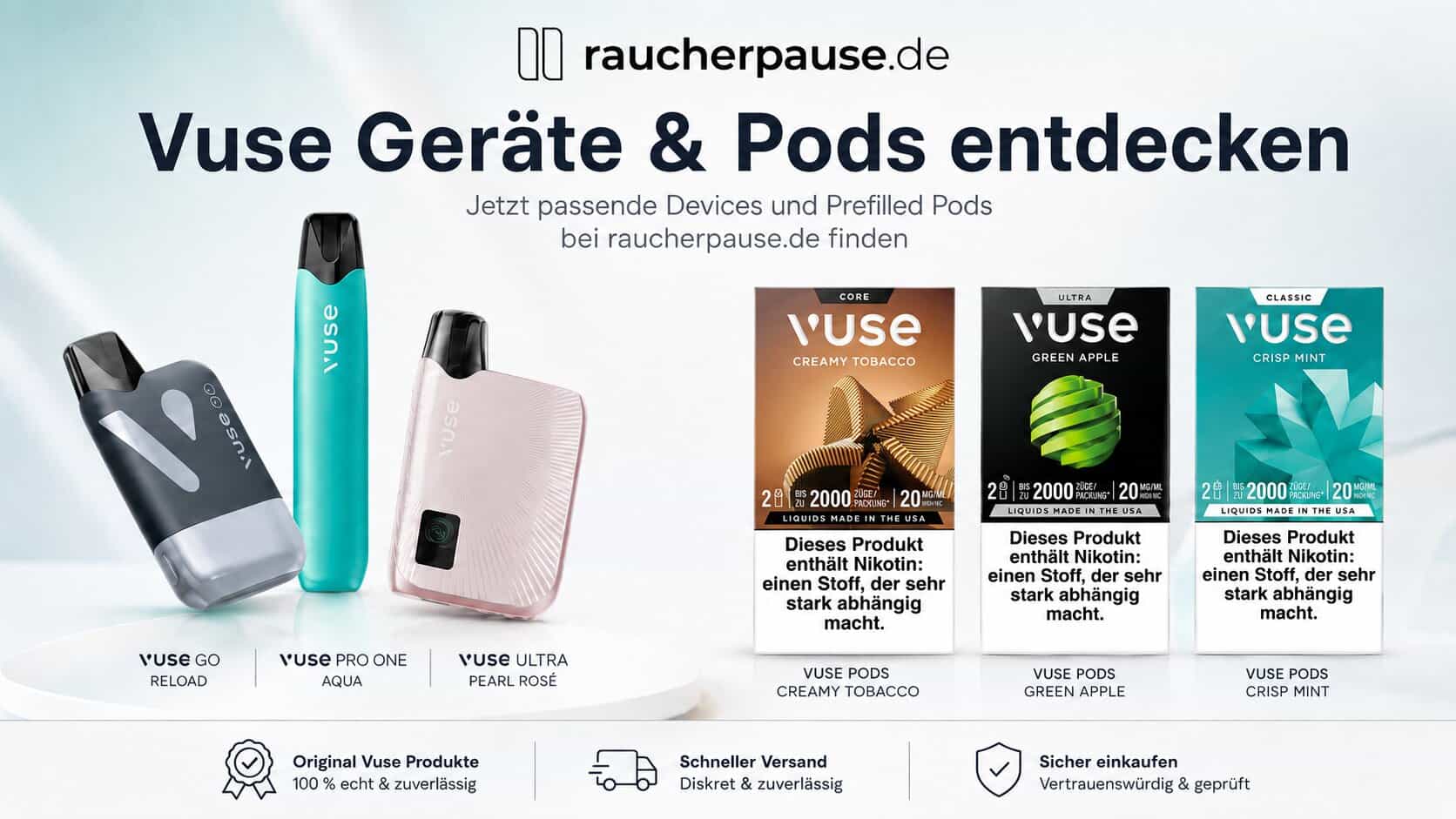 Vuse Geräte und Pods mit Vuse Go Reload, Vuse Pro One Aqua, Vuse Ultra Pearl Rosé sowie Vuse Pods Creamy Tobacco, Green Apple und Crisp Mint