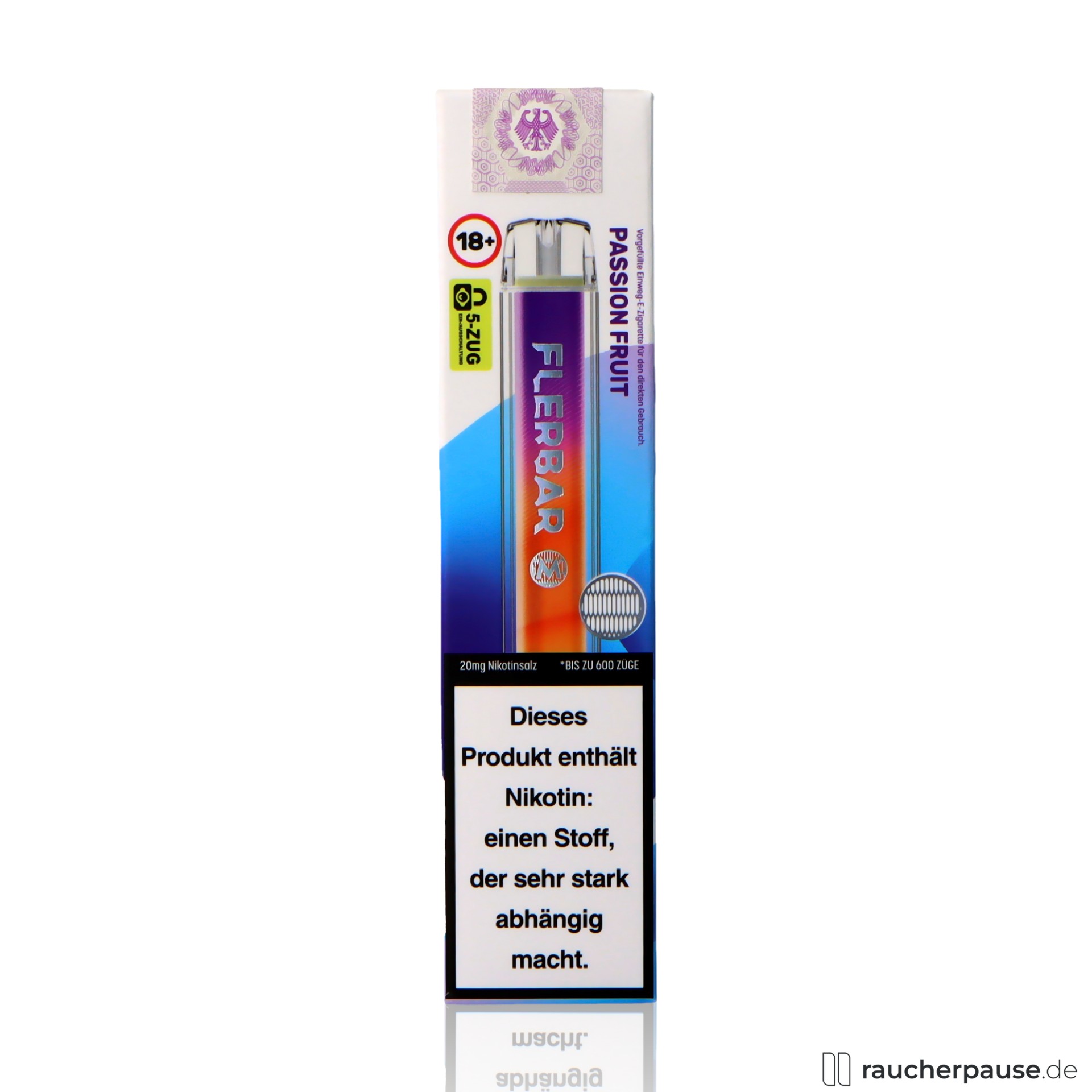 Flerbar Einweg Vape | Passion Fruit | 600 Züge | 20 mg/ml Nikotin | Passionsfrucht flerbar, flerbar einweg vape passion fruit zuege ml nikotin passionsfrucht , packshot hinterseite