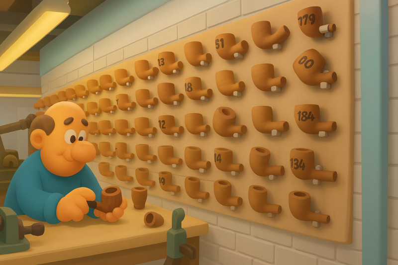 Karikatur eines Pfeifenherstellers mit viele Holz Pfeifen an der Wand