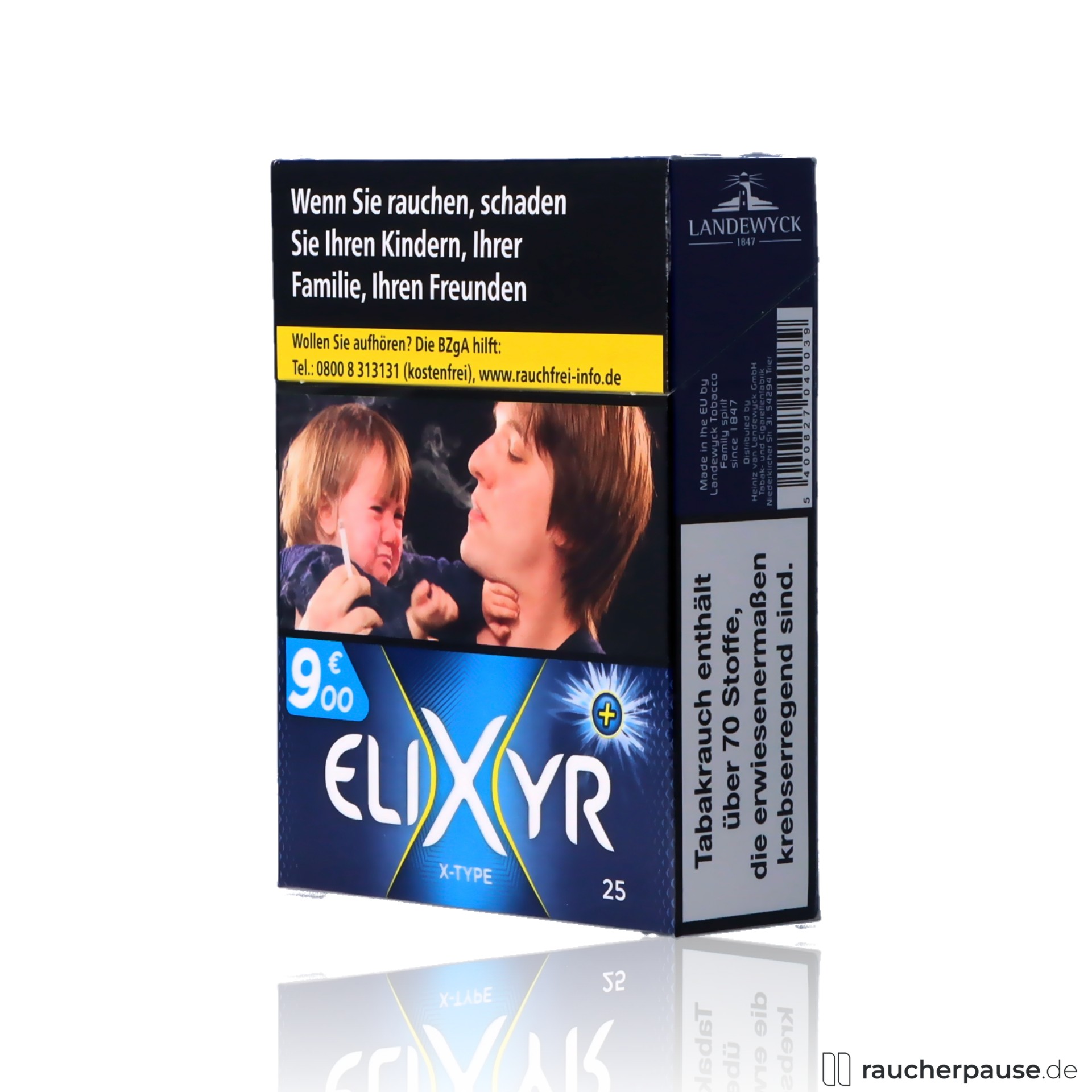 Packung mit 25 King-Size Zigaretten Elixyr+ X-Type mit Flow-Filter in blau-schwarzer Verpackung und stilisiertem weißem X-Logo auf blauem Hintergrund.