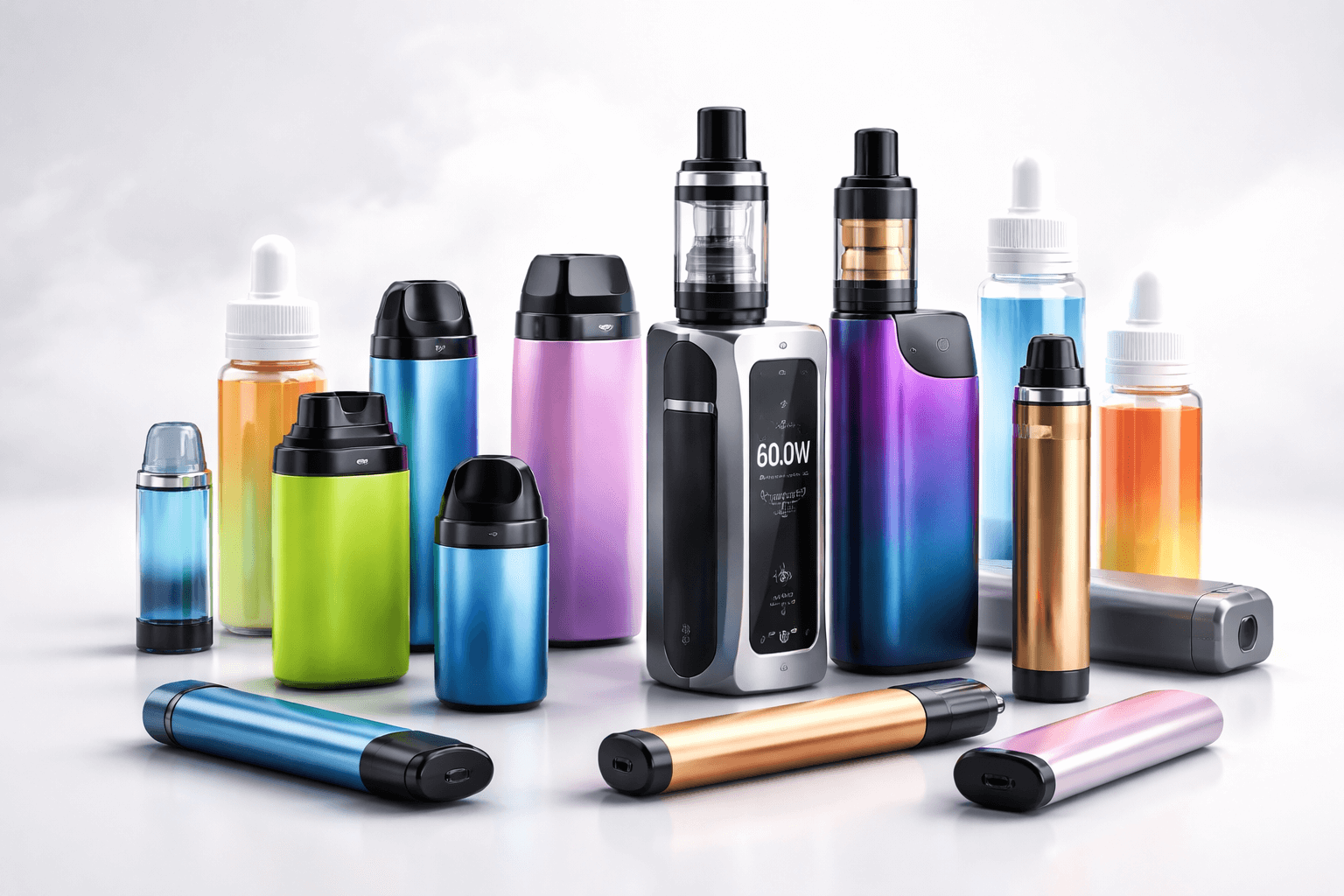 Verschiedenen Vapes und e-Zigaretten vor einem hellen Hintergrund präsentiert