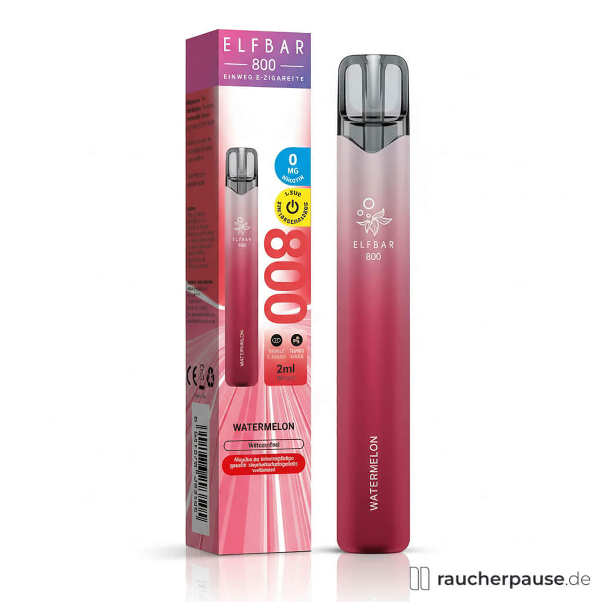 Elfbar 800 Watermelon Einweg E‑Zigarette | 0 mg (nikotinfrei) | 800 Züge | 2 ml