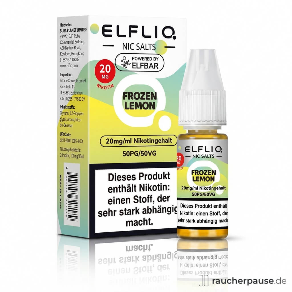 Elfliq by Elfbar Frozen Lemon Nikotinsalz Liquid 10ml 20mg/ml in grüner, gelber und weißer Dose mit stilisiertem Kreislogo und schwarzem Text.