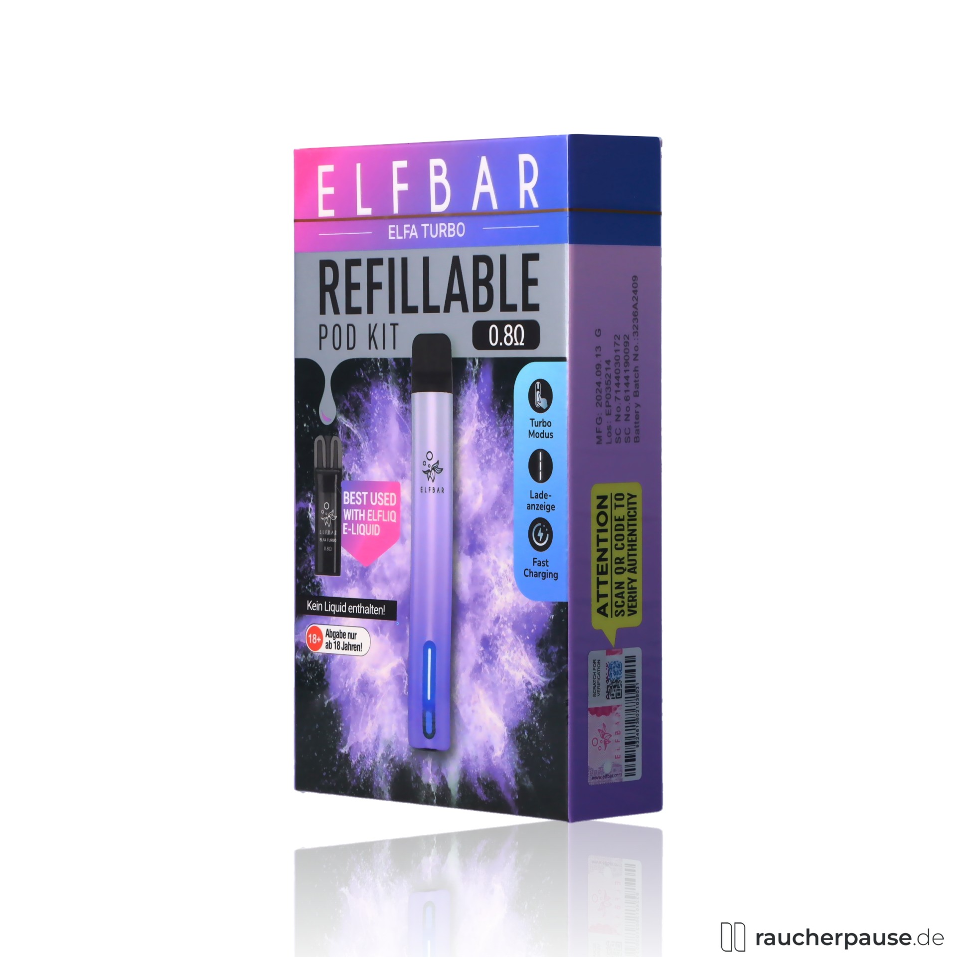 elfbar, elfbar elfa turbo akkutraeger aurora purple usb c zugautomatik pod kabel inklusive 2ml 8ohm mehrweg e zigarette , packshot seitlich