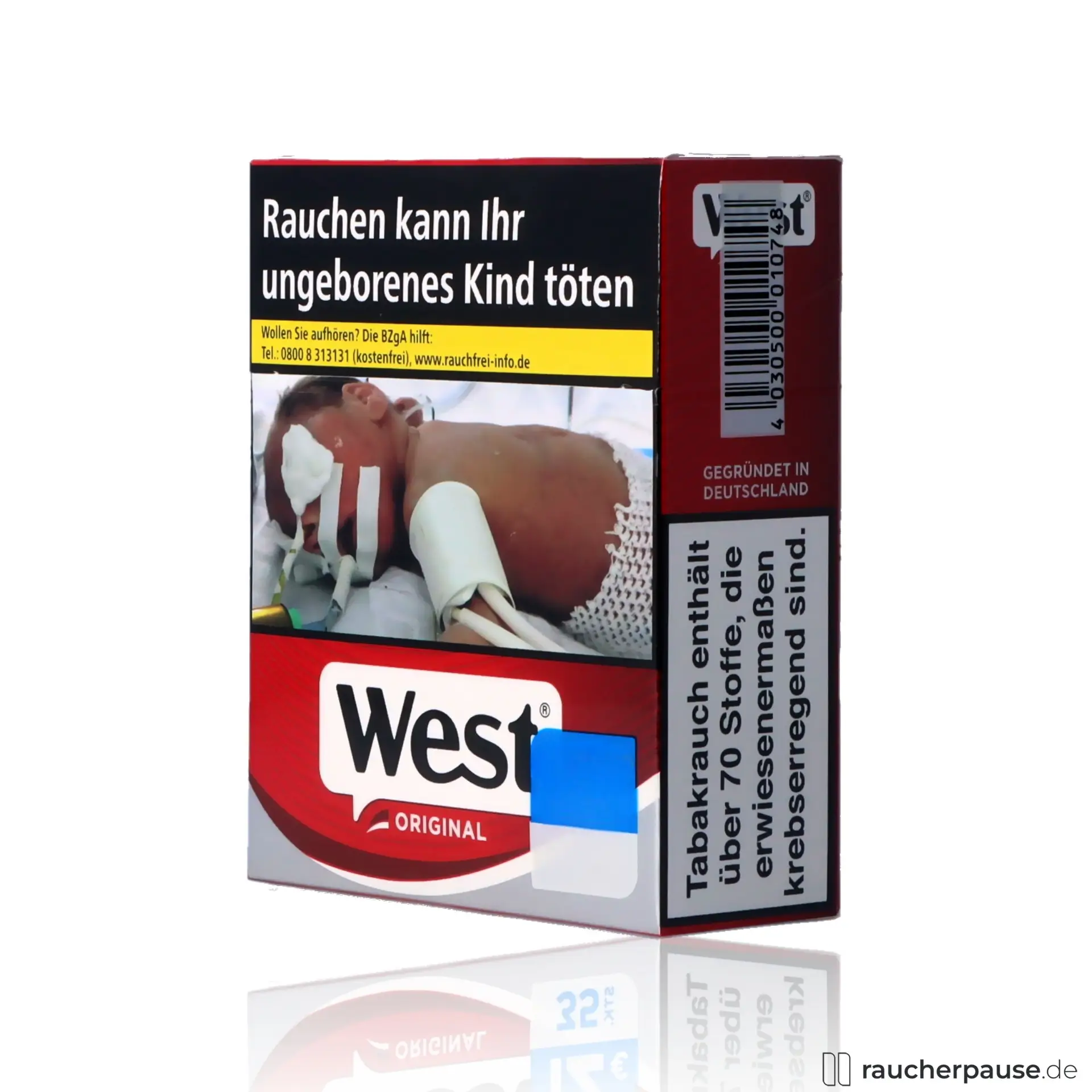 West Red Giga Zigaretten, 35 Stk. pro Packung, in quadratischer roter Box mit weißem West-Logo.