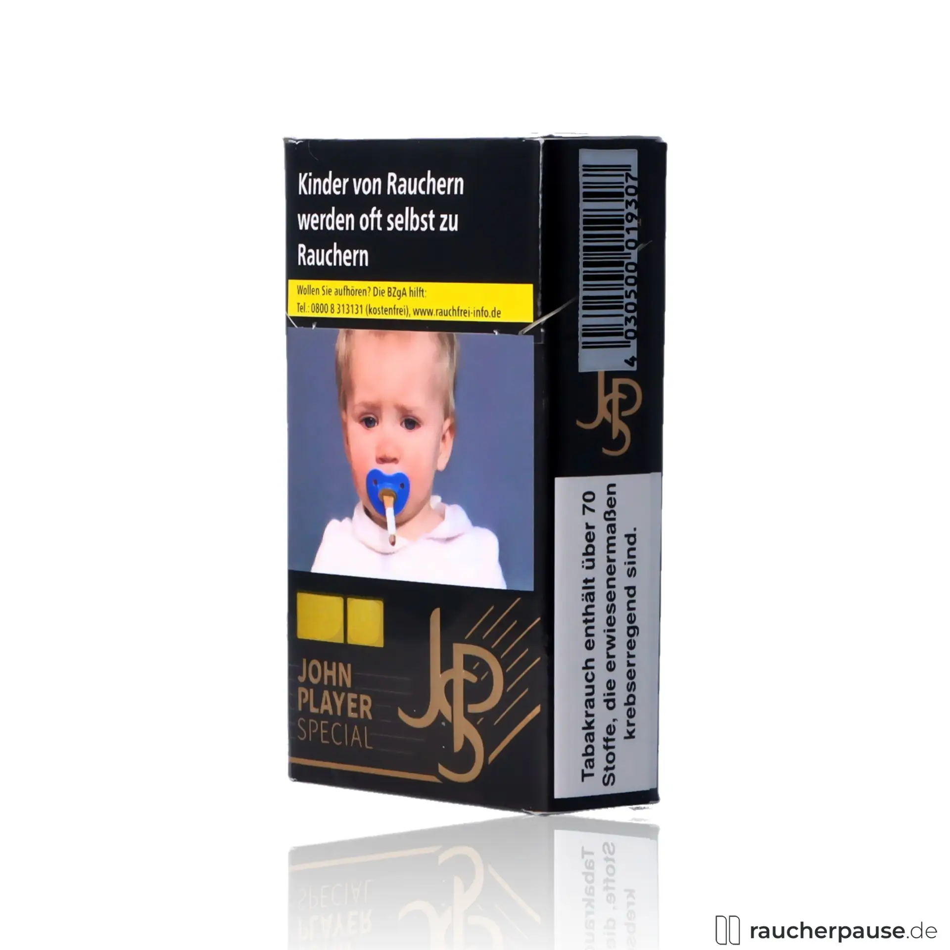 JPS Black Zigaretten in King Size Format mit 20 Stück pro Packung und kräftig-würzigem Geschmack auf einem weißen Hintergrund.