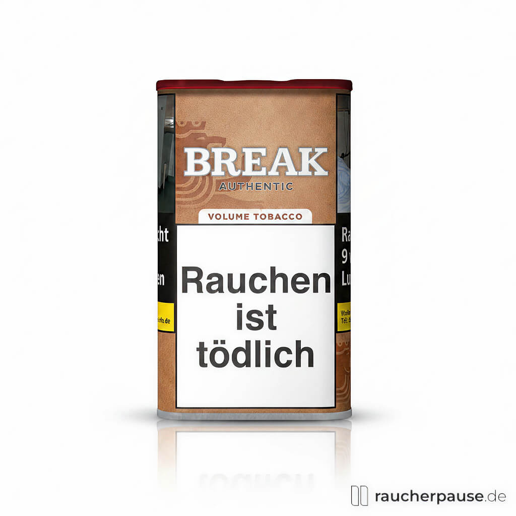 Break Authentic Volumentabak ohne Zusätze in einer hoch und schmalen braunen Dose mit rotem Deckel und weißem Logo auf braunem Hintergrund, 55g.
