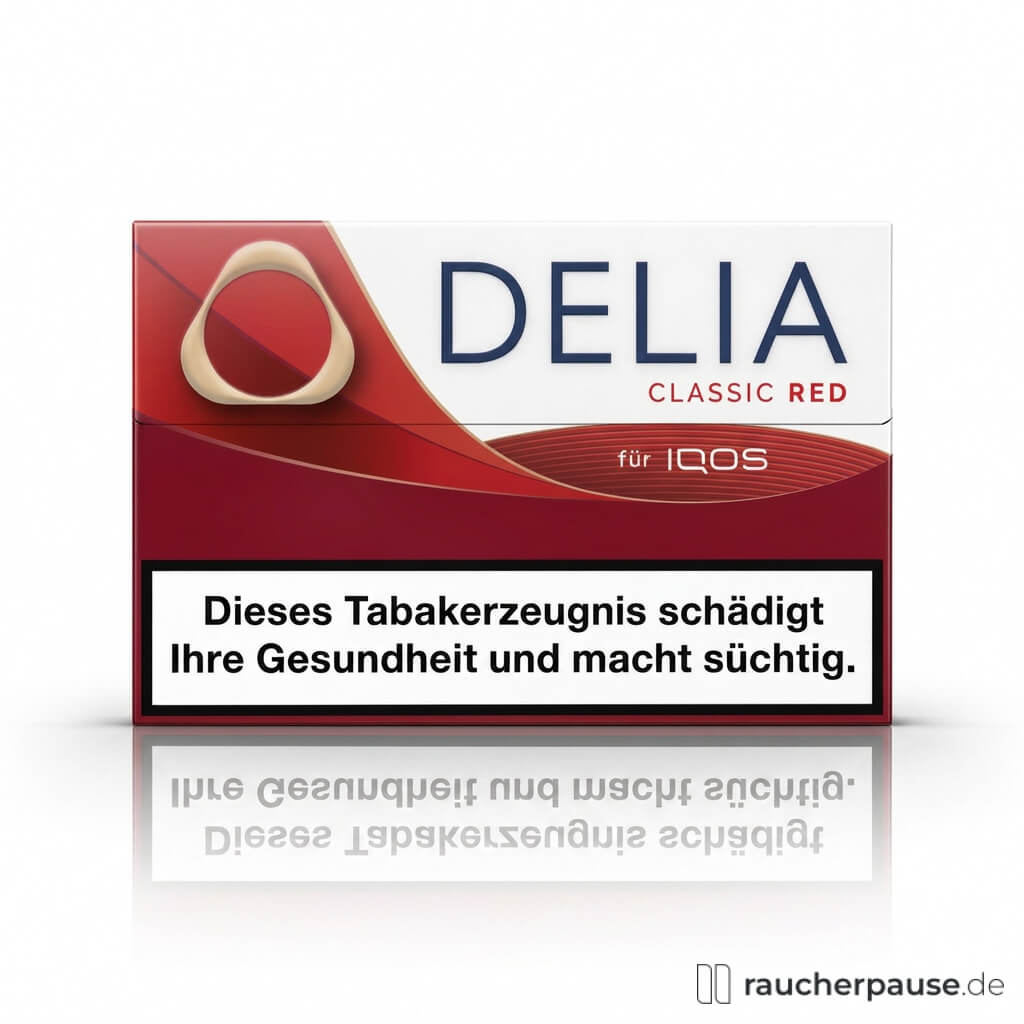 DELIA Classic Red Tabaksticks in quadratischer Dose mit runder Ecke und modernem, blauem DELIA-Logo auf rot-weißem Hintergrund, IQOS ILUMA kompatibel, 20 Stück, Intensität 9.