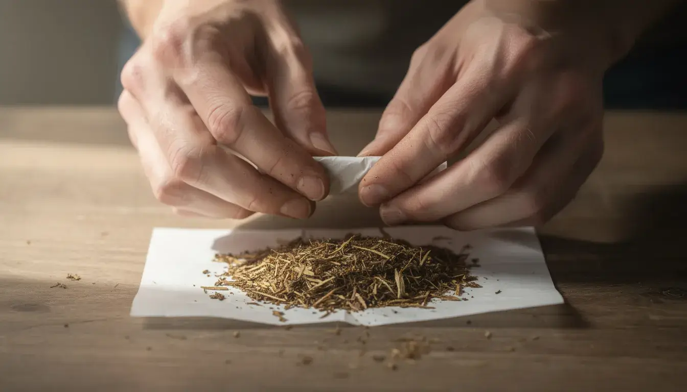 Die Hände einer Person sind zu sehen, während sie sorgfältig eine Zigarette mit losem Drehtabak und Zigarettenpapier drehen.