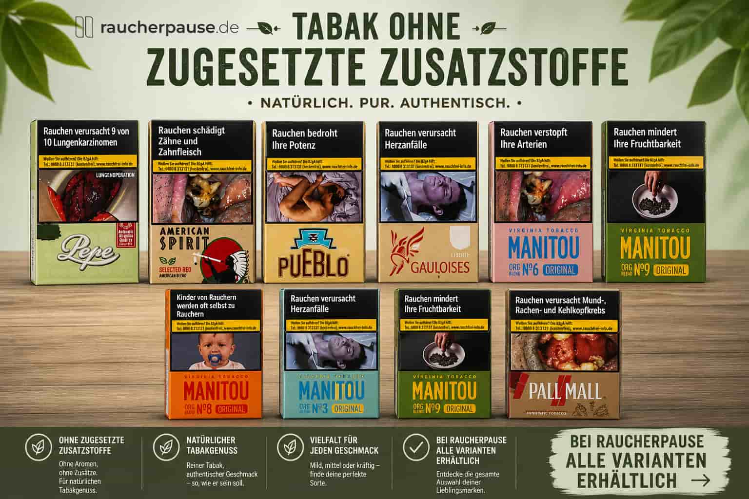 Zigaretten ohne Zusatzstoffe von Pueblo, Pepe, American Spirit, Manitou und Gauloises im Überblick bei raucherpause.de