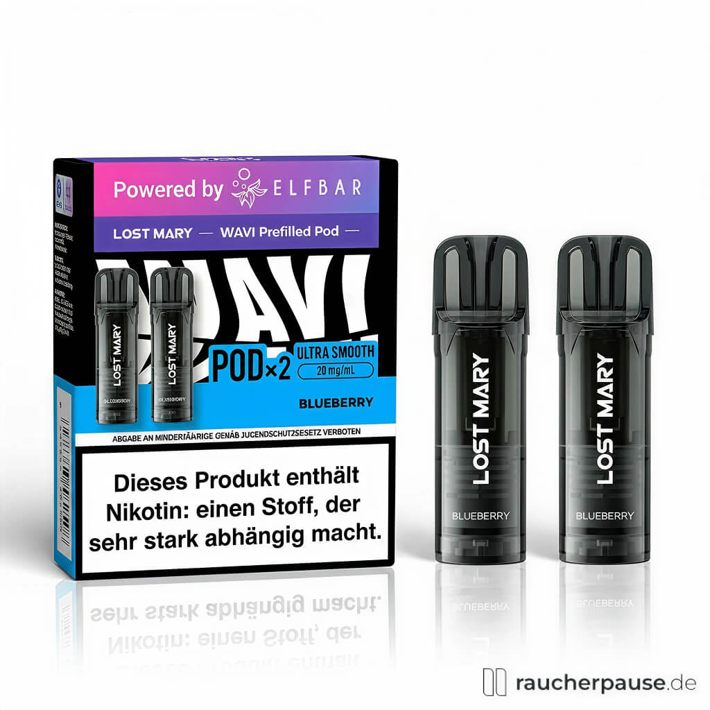 Lost Mary Wavi Pods Blueberry, 20 mg/ml Nikotin, in schwarzer und blauer Box mit Elf Bar Logo und zwei Pods mit Blueberry-Geschmack.