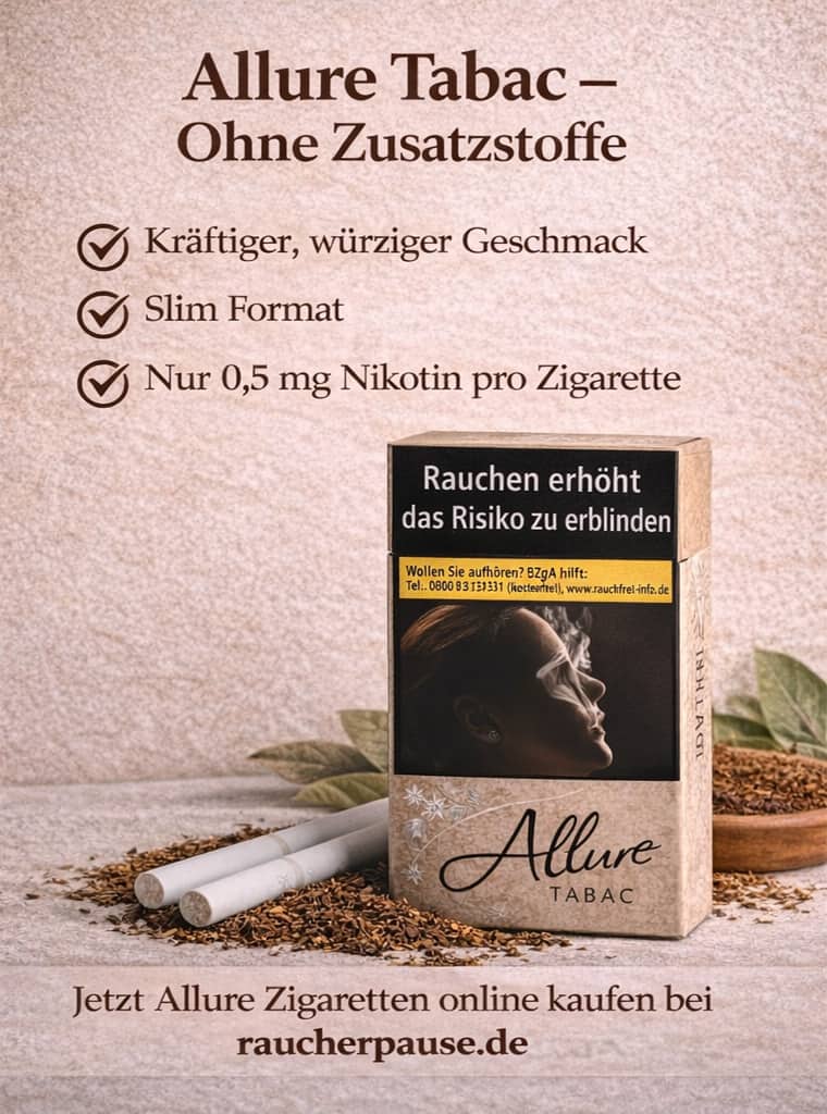 Allure Tabac Zigaretten ohne Zusatzstoffe – kräftiger Geschmack im Slim Format- 0,5 mg Nikotingehalt