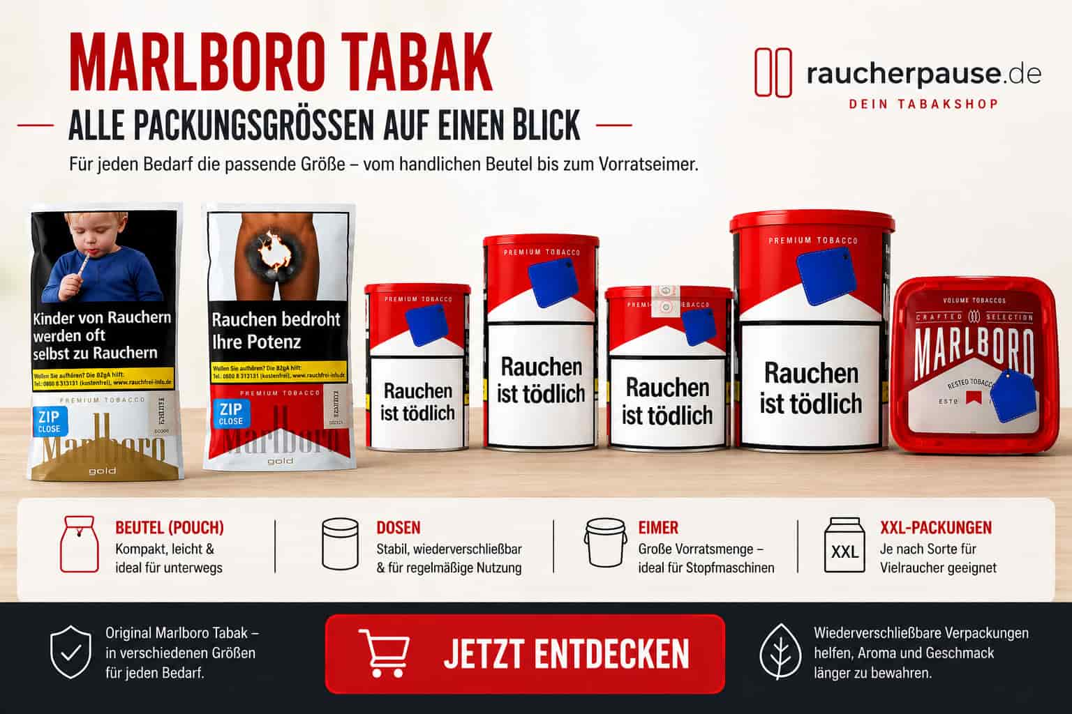 Marlboro Tabak kaufen – alle Packungsgrößen von 30g Pouch bis 230g Eimer im Überblick