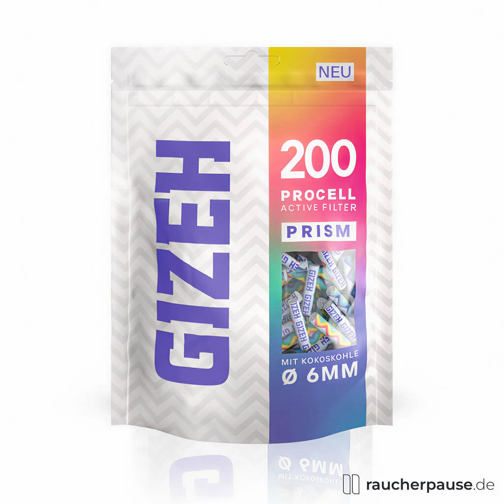 Transparenter Beutel mit farbenfrohem Streifen und GIZEH-Logo, enthaltend 200 Gizeh ProCell Active Filter Prism 6 mm in Blau, Orange und Pink.