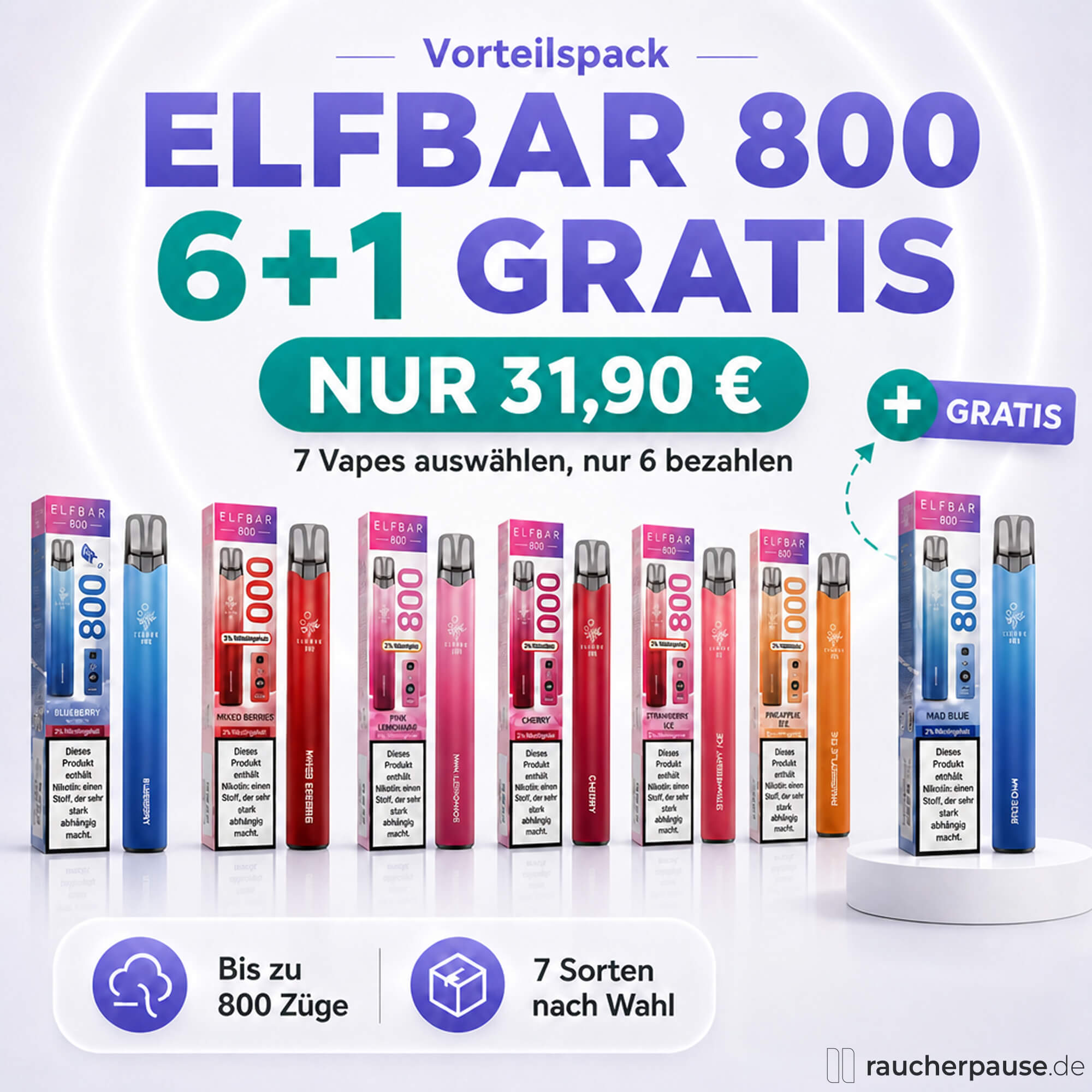 💥AKTION💥: 6 + 1 Gratis Elfbar 800 Einweg Vape Angebot in bunten, quadratischen Verpackungen mit modernem Logo in Blau, Rot, Pink, Orange und Weiß.