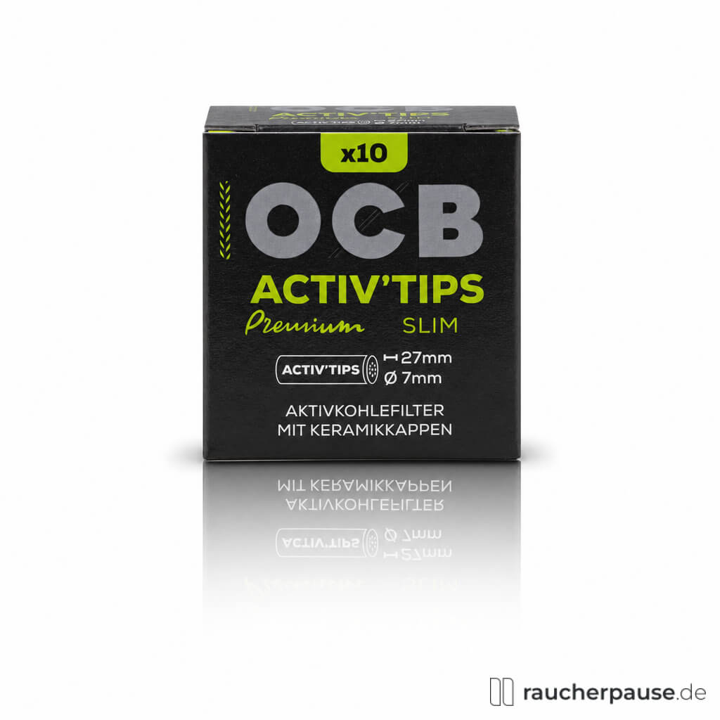 OCB Activ Tips Slim 7 mm in schwarzer Box mit grünen und silbernen Elementen und silbernem OCB-Logo auf der Vorderseite, 10 Stück.