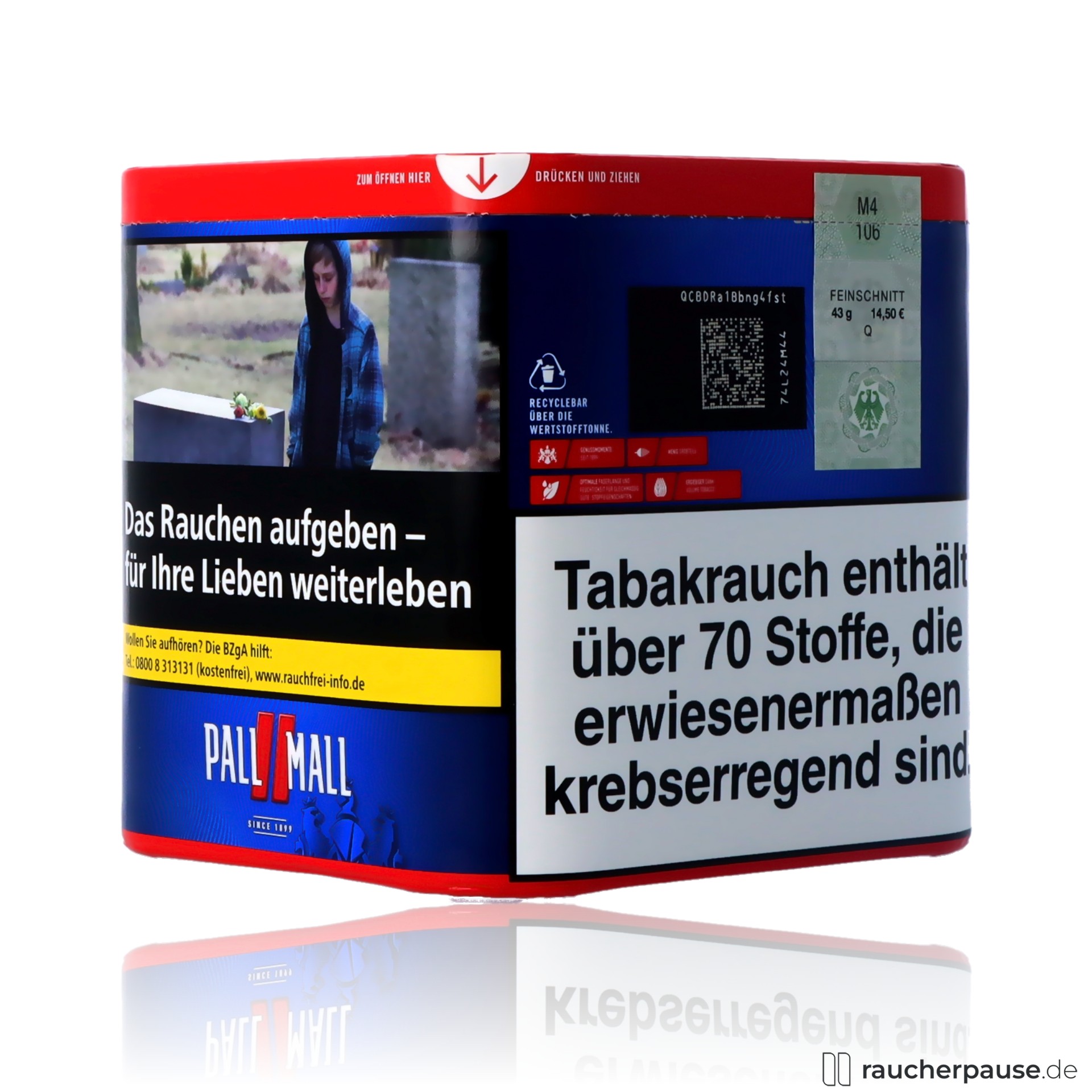 pall mall red volumentabak dose stark full flavour american blend , packshot hinterseite