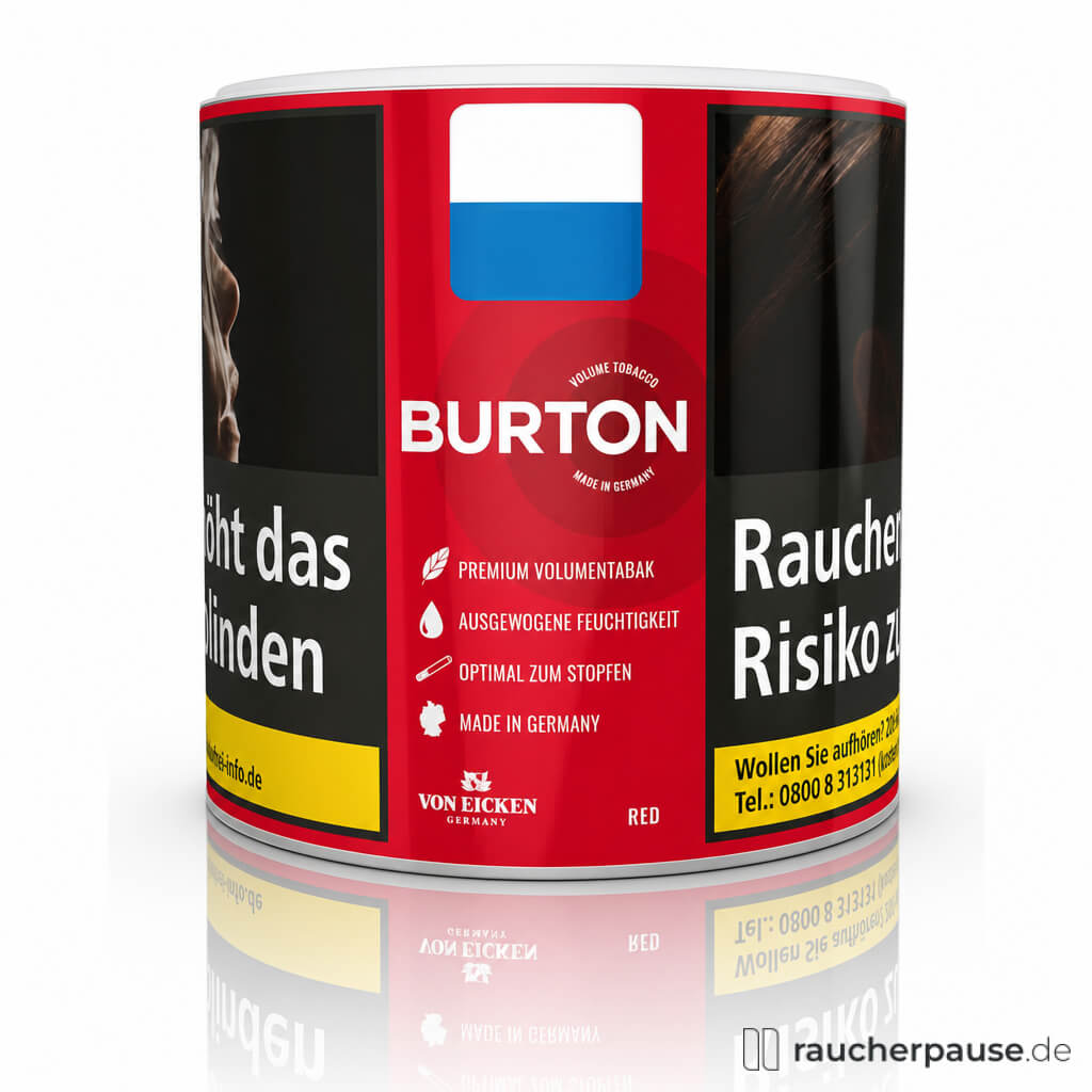Burton Full Red L-Size, 43g Pouch, Feinschnitt in roter Dose mit weißem Logo auf rotem Hintergrund und schwarzen, gelben Texten.