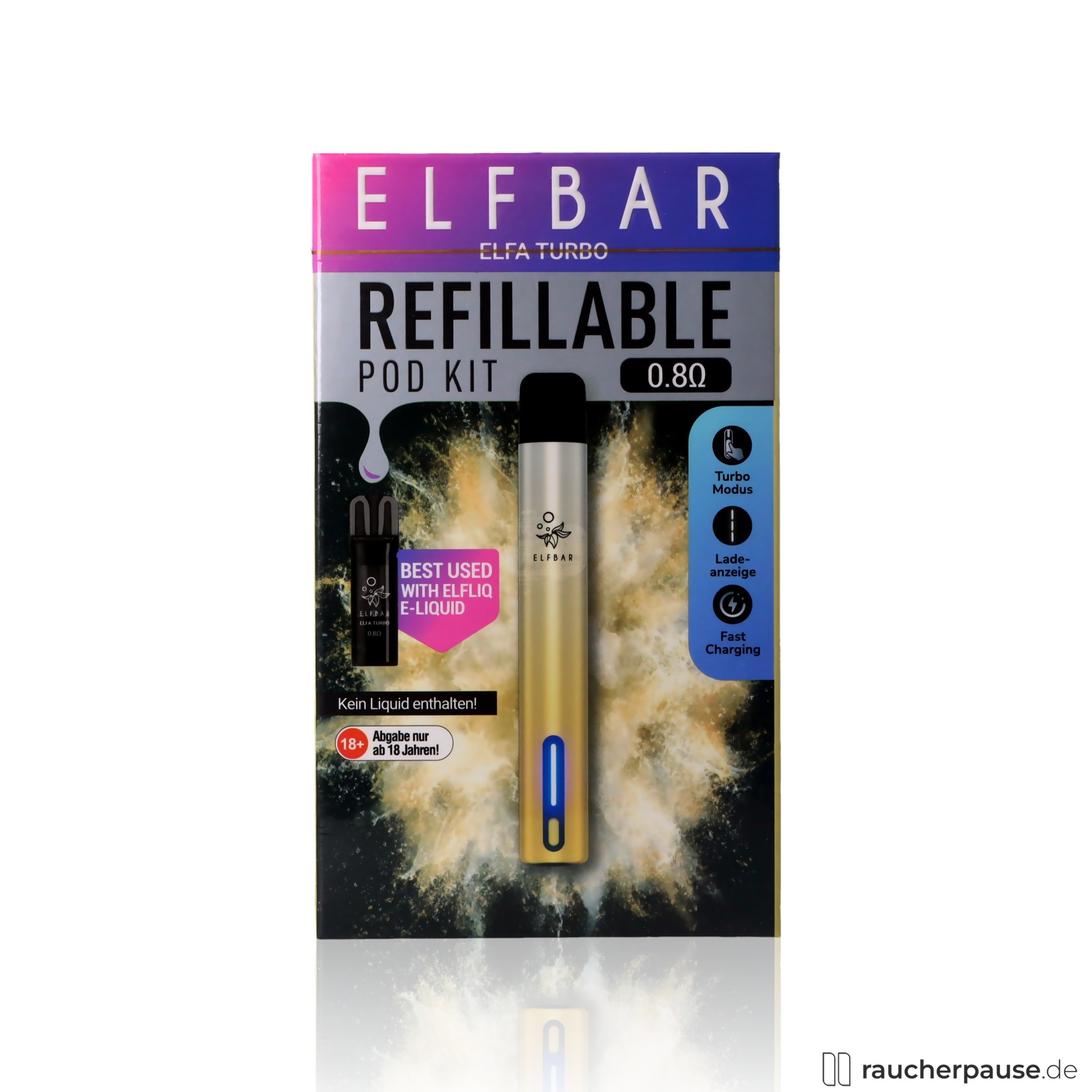 Elfbar ELFA Turbo Akkuträger | Aurora-Gold | 550mAh USB-C Zugautomatik elfbar, elfbar elfa turbo akkutraeger aurora gold usb c zugautomatik mehrweg e zigarette ohm 2ml , packshot vorderseite