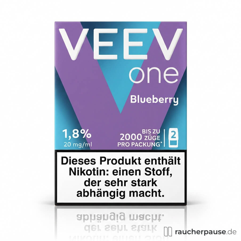 VeeV One Pod Blueberry in moderner, minimalistischer Verpackung mit blau-violettem Design und weißem V-Logo, 20 mg/ml Nikotin, 2 Pods.