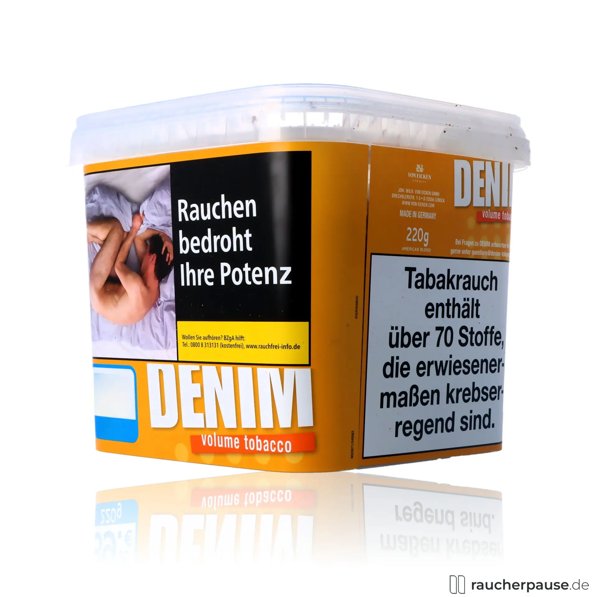 Denim Volumentabak Mega Box, 210g Eimer, Virginia & Burley Mix in einer großen, weißen Dose mit schwarzen und goldenen Akzenten.