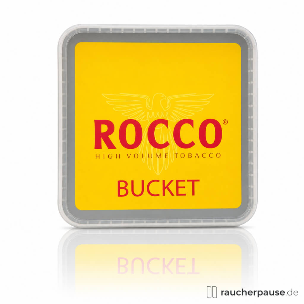 Rocco High Volume Gelb Bucket, 470g Eimer mit quadratischer Form und glatter Oberfläche, versehen mit einer gelben Etikette und dem eleganten ROCCO-Logo auf silbernem Hintergrund.