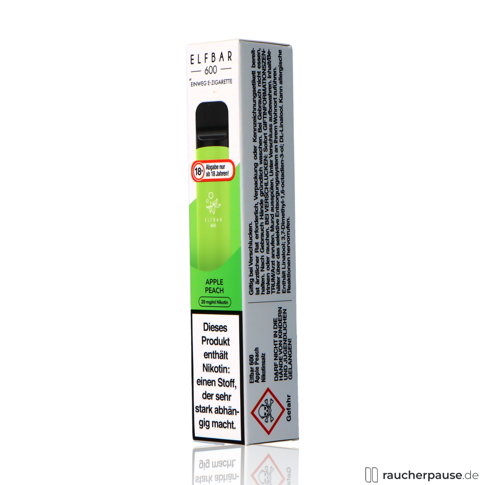 ELFBAR E-Shisha Apple Peach mit 20mg/ml Nikotin für Online-Vaping-Käufe in Deutschland., packshot hinterseite