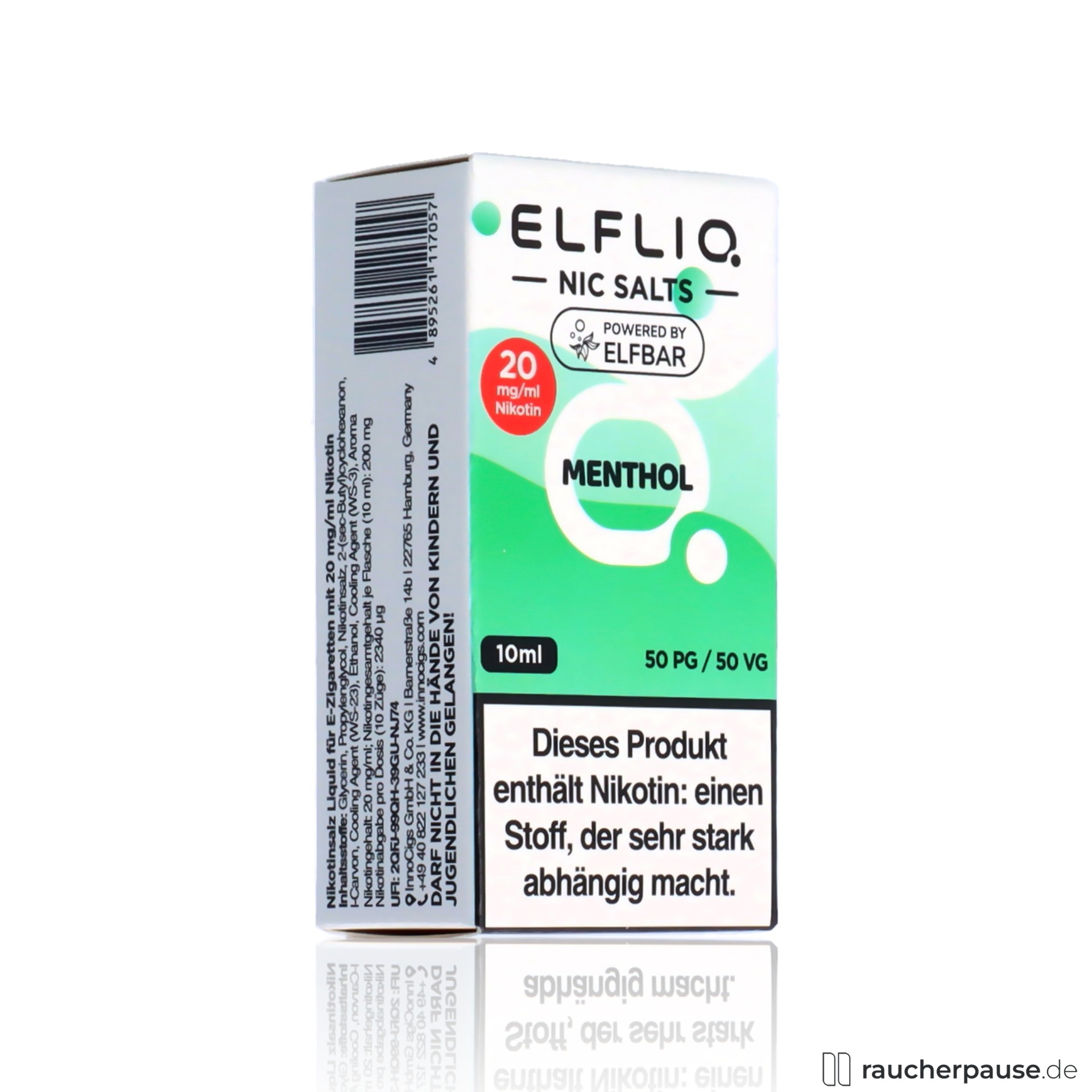 ELFBAR ELFLIQ Menthol Liquid in 10ml Dose mit grüner und weißer Farbgebung und stilisiertem Logo mit Punkt und Kreis.