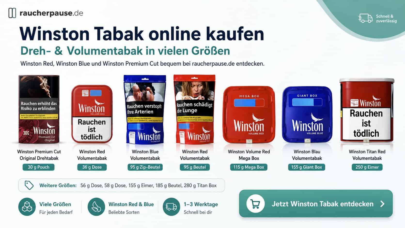 Winston Tabak online kaufen Banner mit Winston Premium Cut, Winston Red, Winston Blue, Mega Box, Giant Box und Titan Red Volumentabak in verschiedenen Größen