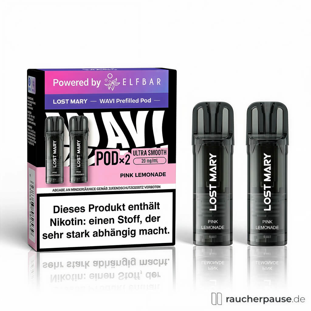 Lost Mary Wavi Pods Pink Lemonade, 20 mg/ml Nikotin, in schwarzer Box mit rosa Akzenten und stilisiertem Insekten-Logo von ELF BAR.