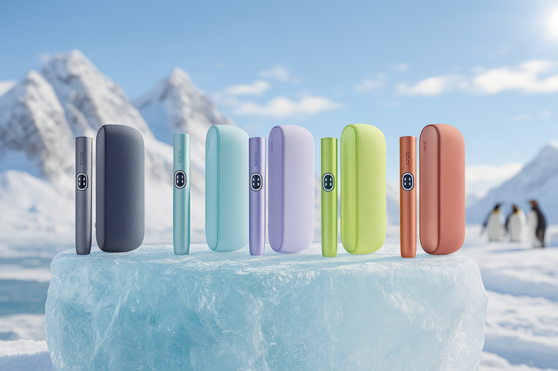 Alle IQOS Iluma i Farben auf einem Eisblock mit Schneebergen im Hintergrund und Pinguinen