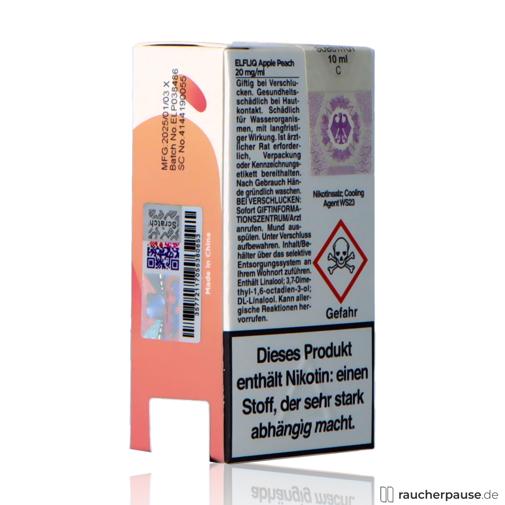 elfbar, elfliq by elf bar nikotinsalz liquid apple peach ml nikotin , packshot hinterseite