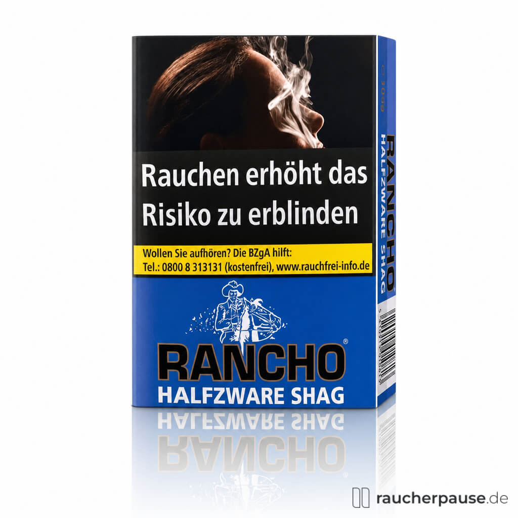 Rancho Half Zware, 100g Pouch, Feinschnitt in blauer Box mit stilisiertem Cowboy-Logo und weißem Schriftzug auf schwarzem Hintergrund.