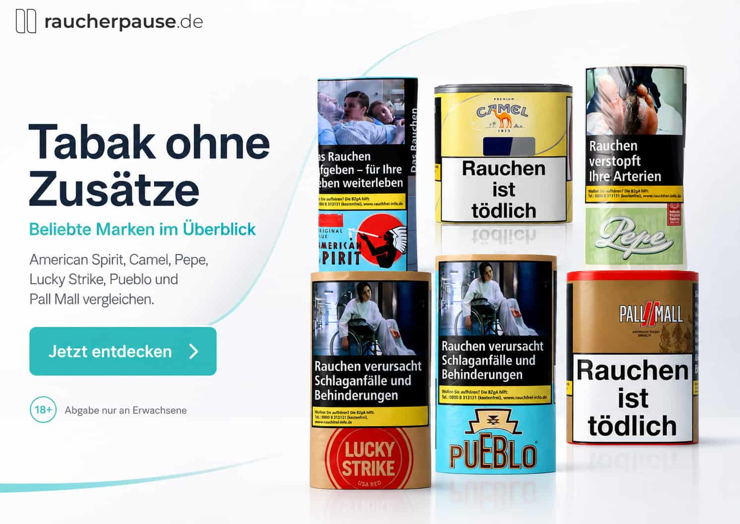 Tabak ohne Zusätze mit American Spirit, Camel, Pepe, Lucky Strike, Pueblo und Pall Mall im Markenüberblick