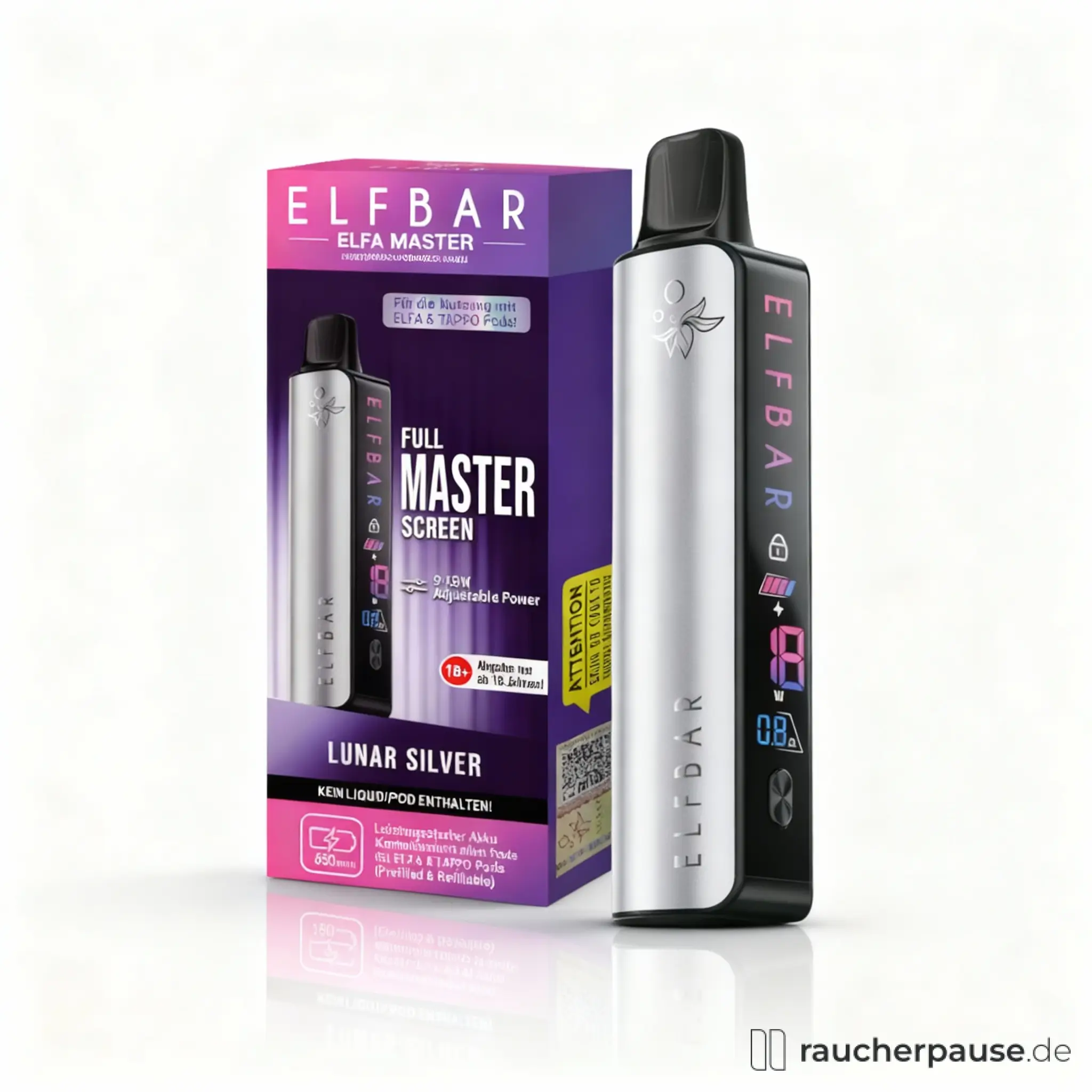ELFBAR ELFA Master 850 mAh Akku in Lunar Silver mit Display und Einstellbarer Leistung, auf dem Bild zu sehen.